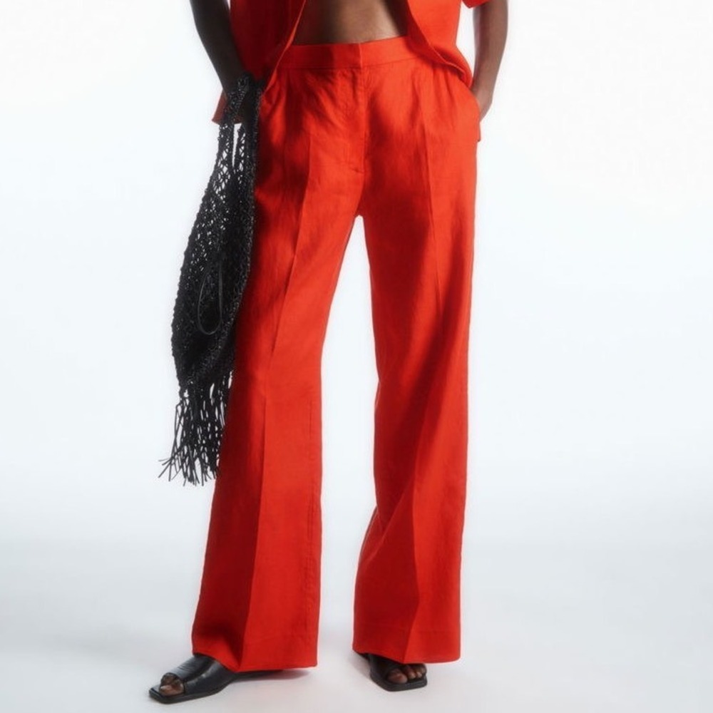 COS Linen Cotton Wide Leg High Rise Waisted Trousers Pants Size 10 Bright Orange